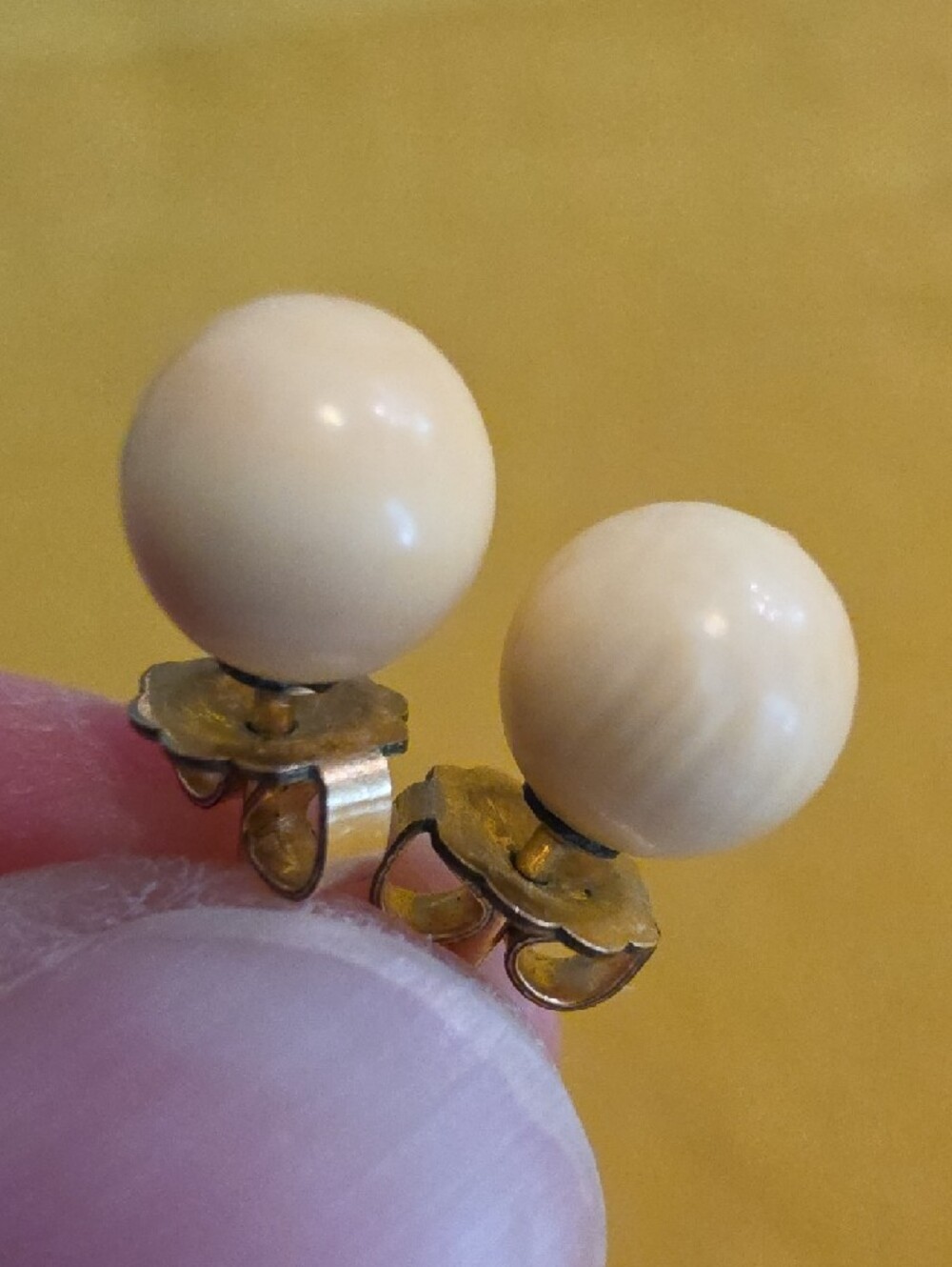 Vintage Round Stud Earrings w/Spherical Organic Vintage Ivory - 14k GF Backings
